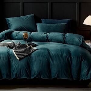 🆕 QUEEN Velvet Duvet Set Cover Blue Green Velour Luxury Cozy NEW